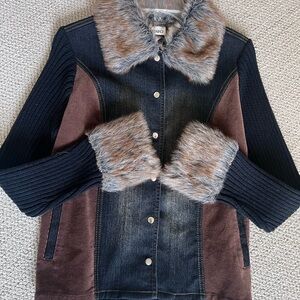 Denim & Sweater Jacket with Faux Fur Trim